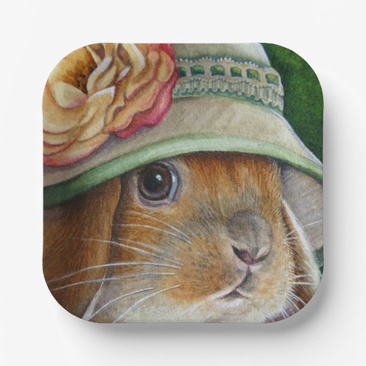 Bruin Bunny Rabbit in Spring Bonnet Waterverf Art Papieren Bordje (Voorkant)