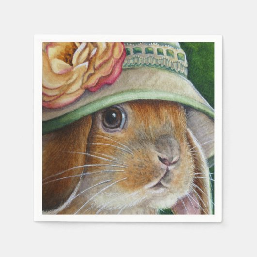Bruin Bunny Rabbit in Spring Bonnet Waterverf Art Servet (Voorkant)