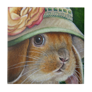 Bruin Bunny Rabbit in Spring Bonnet Waterverf Art Tegeltje