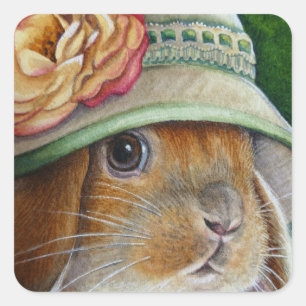 Bruin Bunny Rabbit in Spring Bonnet Waterverf Art Vierkante Sticker