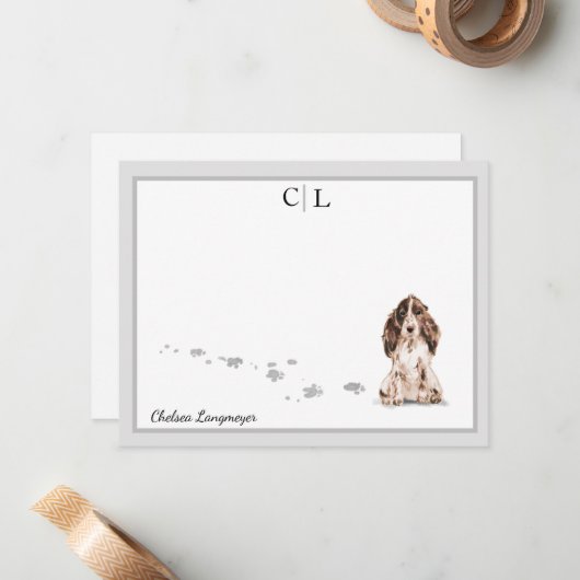 Bruin Cocker Spaniel Dog Gray Border Monogram Naam Notitiekaartje (Voorkant / Achterkant in situ)