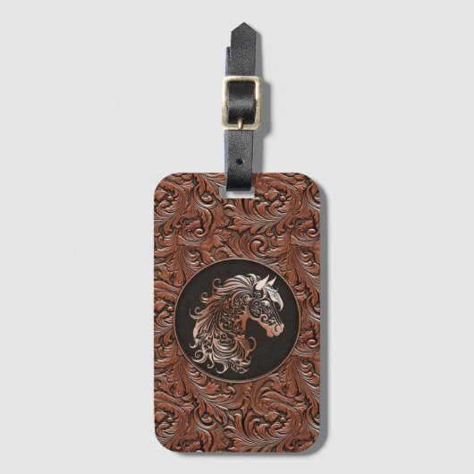 Bruin cowgirl bloemengereedschap lederen paardenho bagagelabel (Voorkant (verticaal))