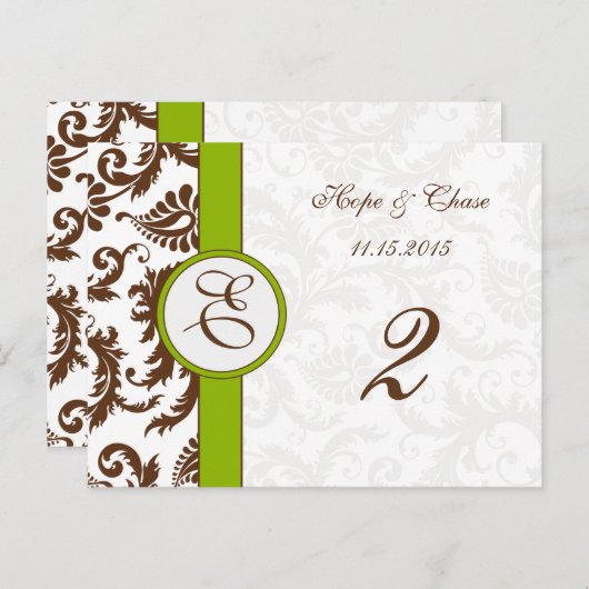 Bruin Damask Apple Green Table Number Kaarten (Voorkant / Achterkant)