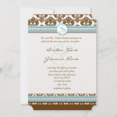 Bruin Damask Aqua Blue Trim Wedding Invitation Kaart (Voorkant)