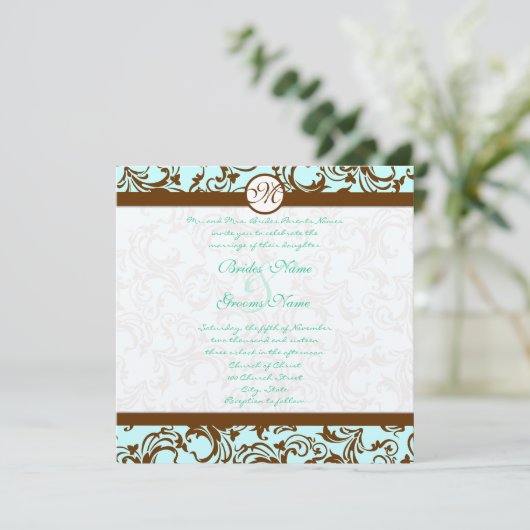 Bruin Damask Light Aqua Blue Wedding Invitation Kaart (Staand voorkant)