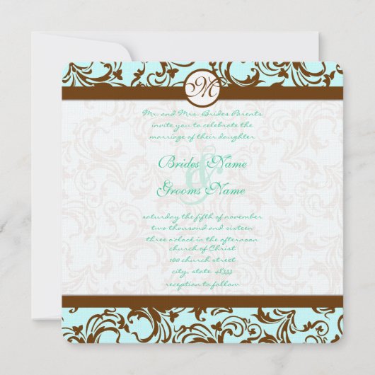 Bruin Damask Light Aqua Blue Wedding Invitation Kaart (Voorkant)