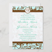 Bruin Damask Light Aqua Blue Wedding Invitation Kaart (Voorkant)
