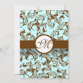 Bruin Damask Light Aqua Blue Wedding Invitation Kaart (Achterkant)