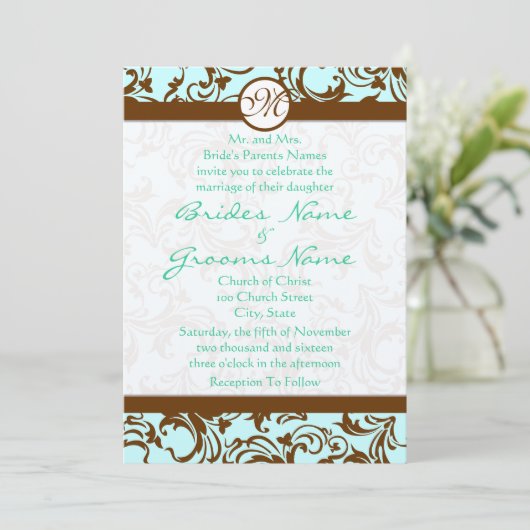 Bruin Damask Light Aqua Blue Wedding Invitation Kaart (Staand voorkant)