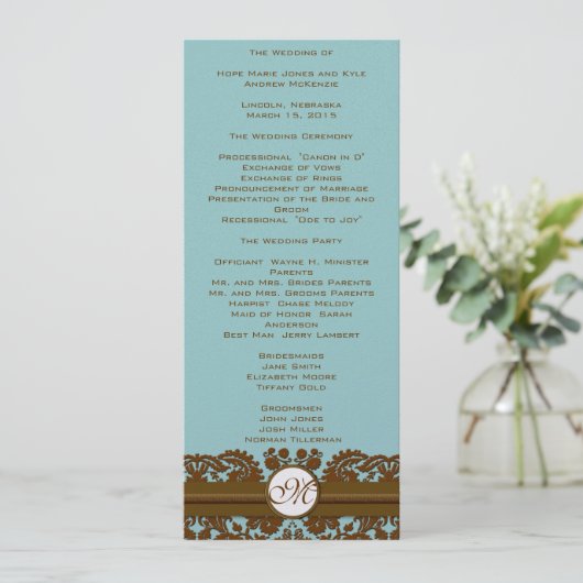 Bruin Damask Monogram Wedding Programme Programma (Staand voorkant)