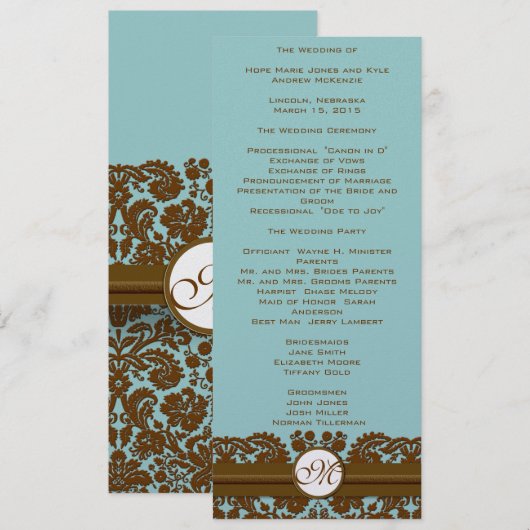 Bruin Damask Monogram Wedding Programme Programma (Voorkant / Achterkant)
