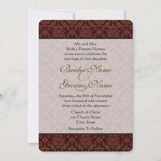 Bruin Damask Wedding Uitnodiging (Voorkant)