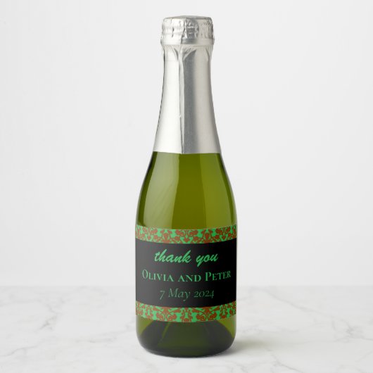 Bruin damast patroon groene bruiloft sparkling wijnetiket (Voorkant)