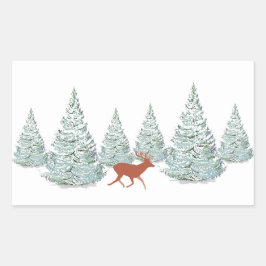 Bruin deer onder sneeuwbedekte sparren rechthoekige sticker