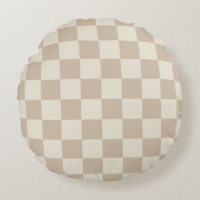Bruin en Beige Checkerboard Rond Kussen (Voorkant)