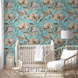 Bruin en blauw bloemmotief behang