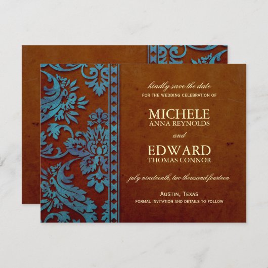 bruin en blauw Damasbrood sparen de Datum Save The Date (Voorkant / Achterkant)