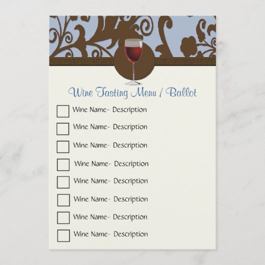 Bruin en Blauw Damask Wijnproeverij Menu (Voorkant)