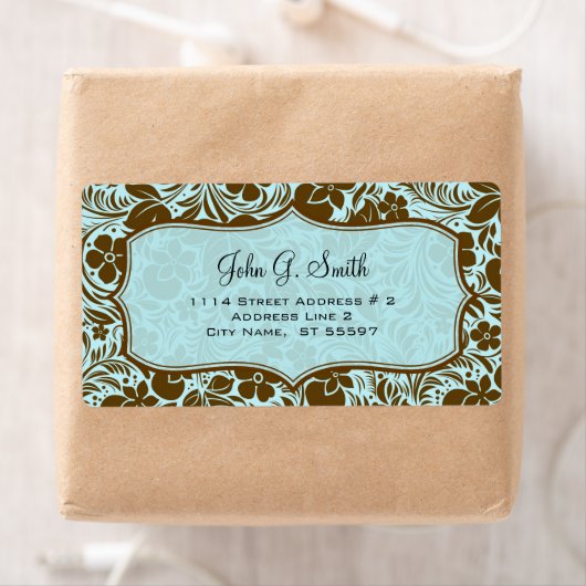 Bruin en blauw retro bloemen en bladeren patroon etiket (Insitu)