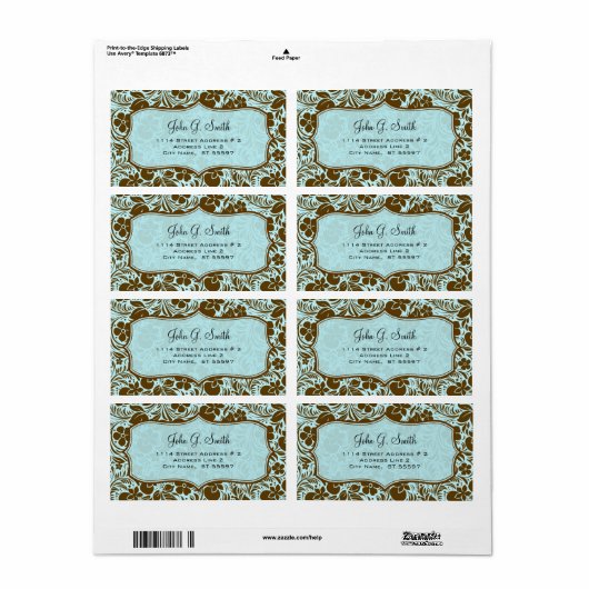 Bruin en blauw retro bloemen en bladeren patroon etiket (Full Sheet)