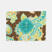 Bruin en Blauwgroen Boho Paisley Monogrammed Fleece Deken (Voorkant (Horizontaal))