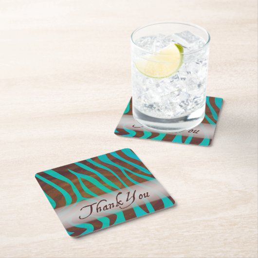 Bruin en Blauwgroen Zebra Pattern Dank je Vierkante Kartonnen Onderzetter (Insitu)