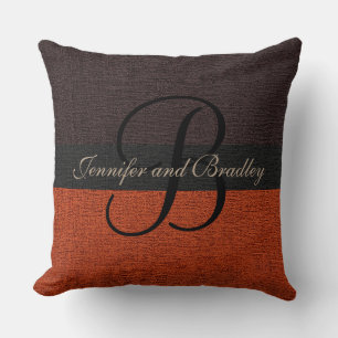 Bruin en Brick Rood Elegant Monogram Bruiloft Kussen