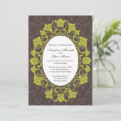 Bruin en Chartreuse Floral Damask bruiloft Kaart (Staand voorkant)