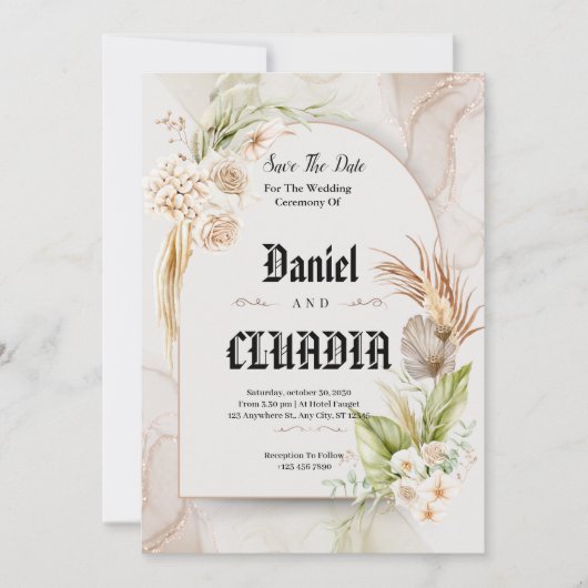 Bruin en crème bloem water kleur bruiloft save the date (Voorkant)