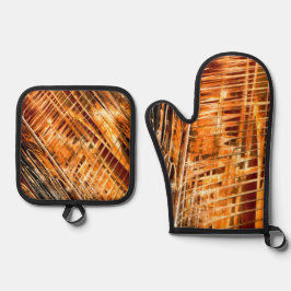 Bruin en geel met Oranje Random Line en Shape Ovenwant & Pannenlap Set