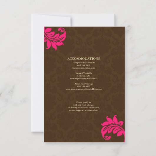 Bruin en Heet Roze Damast Bruiloft Behuizing Kaart (Achterkant)