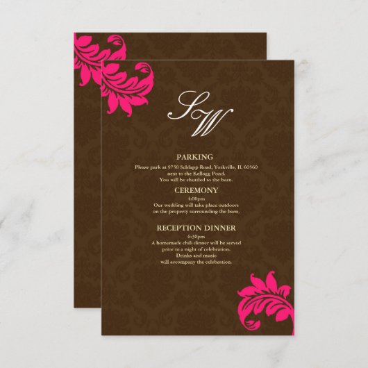 Bruin en Heet Roze Damast Bruiloft Behuizing Kaart (Voorkant / Achterkant)