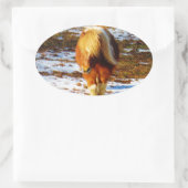 Bruin en roomminiatuur paard in de sneeuw. ovale sticker (Tas)