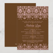Bruin en Roze Damask Baptism Invitation Kaart (Voorkant / Achterkant)
