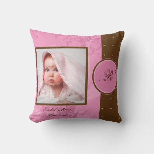 Bruin en Roze Monogram Baby Foto Keepomwille Pillo Kussen (Voorkant)
