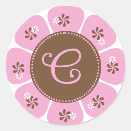 Bruin- en Roze Monogram C Ronde Sticker (Voorkant)