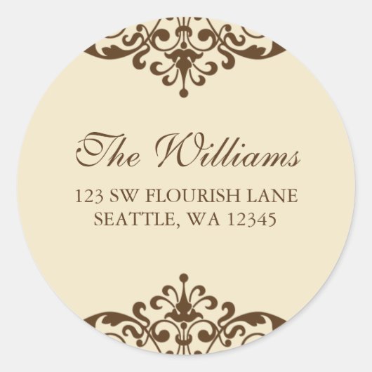 Bruin en Tan Flourish Scroll Adreslabel Ronde Sticker (Voorkant)