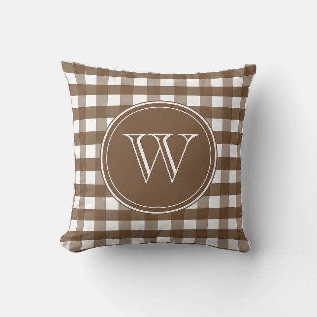 Bruin en White Gingham Monogram Kussen (Voorkant)