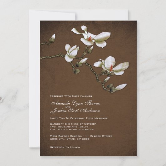 Bruin en White Magnolia Wedding Invitation Kaart (Voorkant)