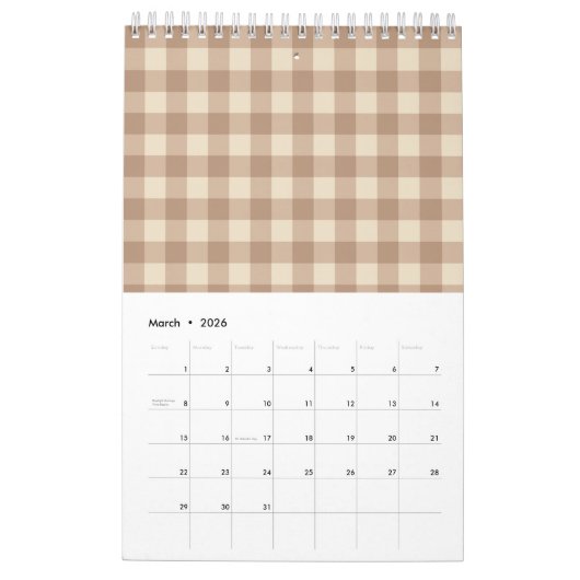 Bruin en wit Gingham Pset Pattern Kalender (Mar 2026)