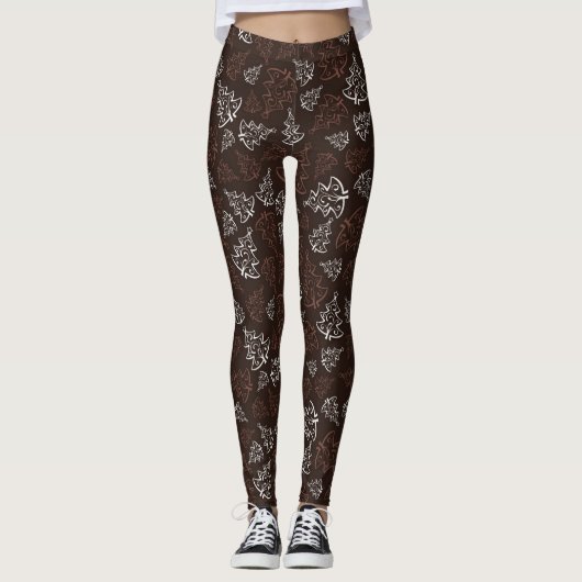 Bruin en wit kerstboompatroon leggings (Voorkant)