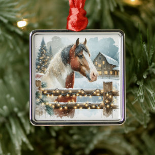 Bruin en Wit Paard Country Kerstmis Metalen Ornament