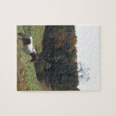 Bruin en wit paard in najaarsvijver legpuzzel (Horizontaal)