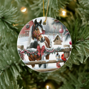  Bruin en Wit Paard Rustiek Boerderij Kerst Keramisch Ornament