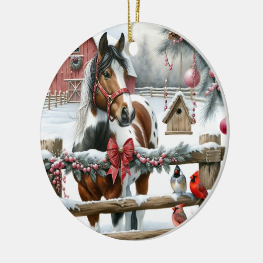  Bruin en Wit Paard Rustiek Boerderij Kerst Keramisch Ornament (Links)