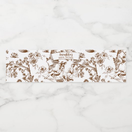 Bruin en wit Toile de Jouy Vrijgezellenfeest Waterfles Etiket (Enkel label)