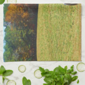 Bruin- en witpaard, herfstbomen, blauwe hemel theedoek (Gevouwen)