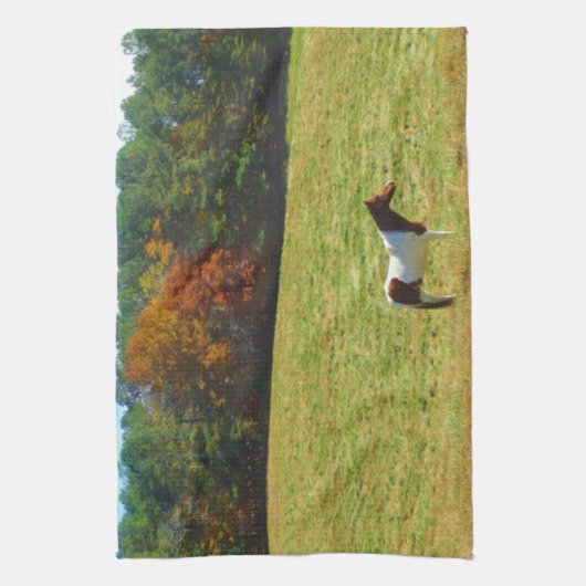 Bruin- en witpaard, herfstbomen, blauwe hemel theedoek (Verticaal)