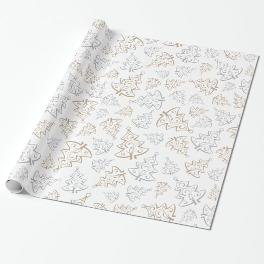Bruin en zilver Elegant kerstbomen Pattern Cadeaupapier (Uitgerold)