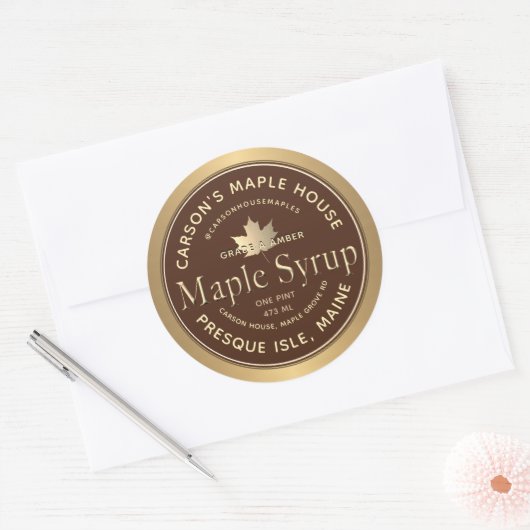 Bruin esdoornsiroop label met gouden rand en blad (Envelop)